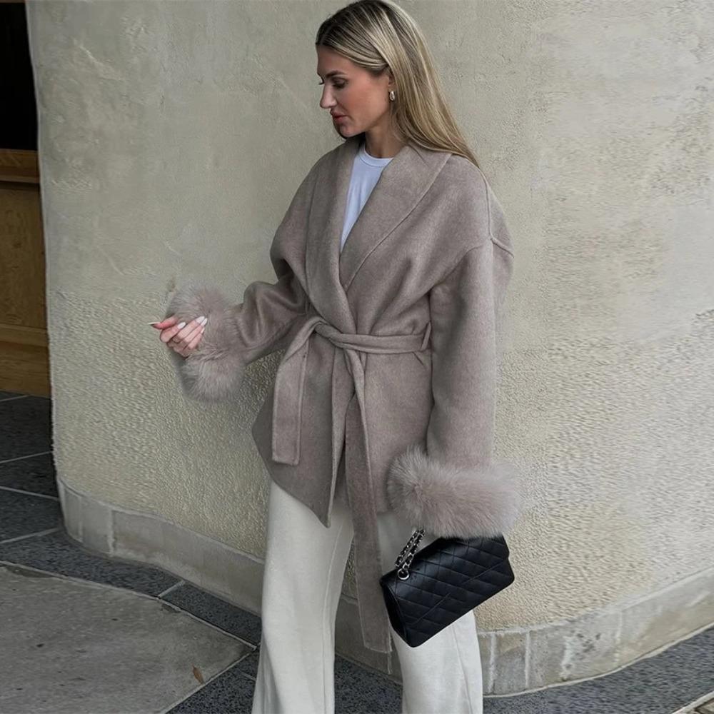 Fashion Lapel V-neck Woolen Coat Women Chic Lace Up Single Breasted Pocket Loose Jacket Lady Daily High Street Outwears