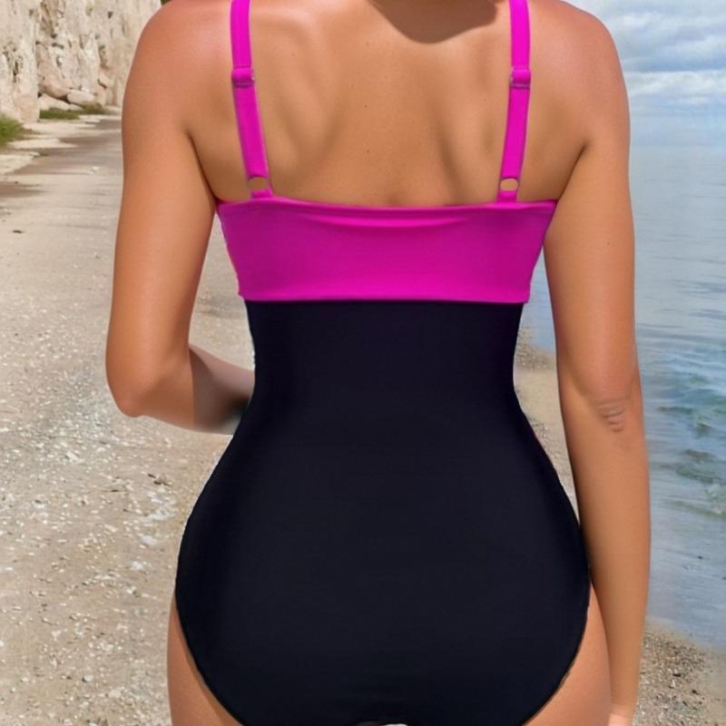 New Summer Deep V Contrasting Color One-piece Swimsuit Gathering Cross Women's Beach Swimsuit Suit Sexy