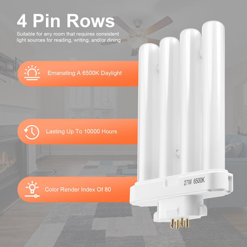 Fresh 220V 27W 4 Pin Rows 6500K Double-H Quad Tube Compact Fluorescent Lamp Light Bulb