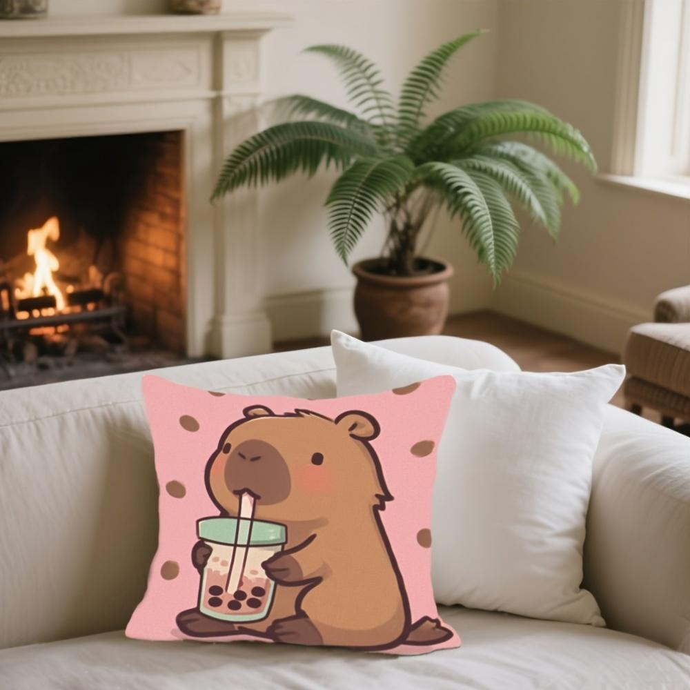 Kawaii Capybara Boba Kissenbezug Süßes Cartoon Bubble Tea Tierdruck Kissenhülle Für Sofa Couch Ästhetische Zimmerdeko