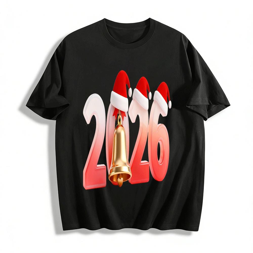

2026 Christmas Theme Bell Print Casual Top For Men And Women Pure cotton T-shirt XXS