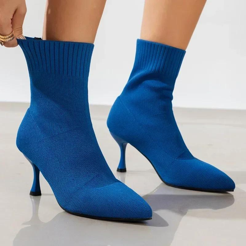 Women Elastic Sock Boots Autumn Winter Stiletto High Heels Knitted Ankle Boots Woman Slip-On Pointed Toe High-heeled Botas Mujer