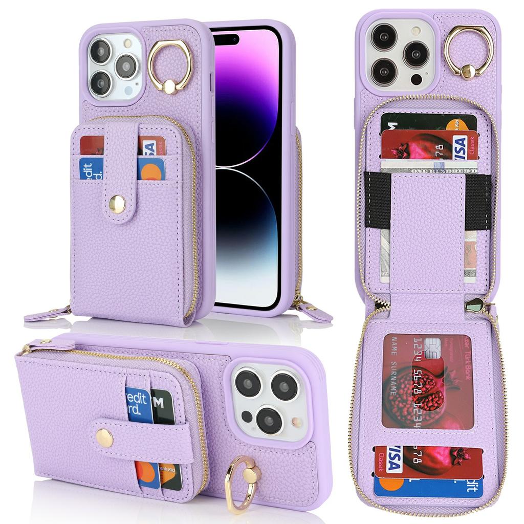 For iPhone 14 Pro Max Case with Zipper Pouch/Ring Kickstand/Strap Litchi Texture PU + TPU Phone Cover