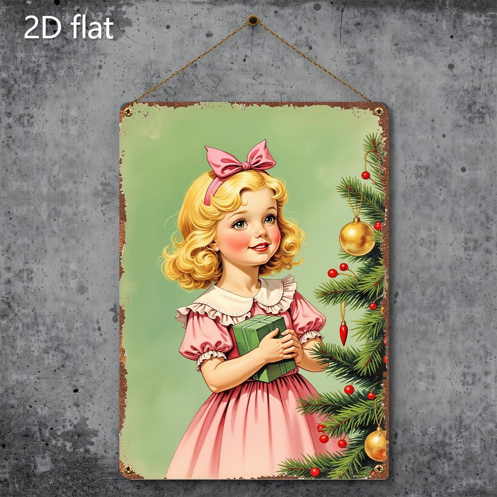 Weihnachts-Blechschild 2D Flache Wanddeko Metallplatte Hängendes Ornament Mädchen
