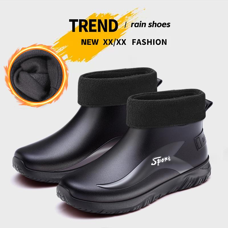 Winter Fleece Cover Warm Rubber Shoes Fashionable Waterproof Rubber Shoes Men's Rain Shoes Fashionable Outdoor Flat Rain Boots Rider Water Shoes
