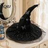 Witch Hat for Halloween Costume Women, Large Glitter Sequins Mesh Wizard Lightweight Polyester with Butterfly Accessory, Cosplay Black Hats Women