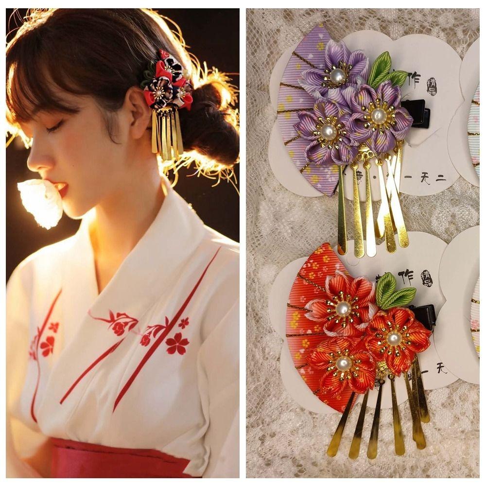 Tassels Japanese Kimono Headwear Flower Tassel Fan Hairpin Simple   Girls