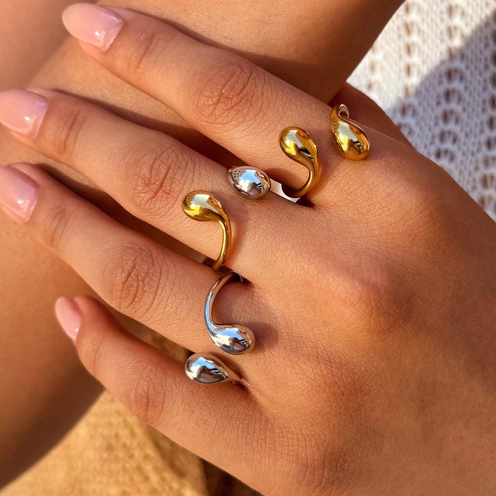 Stainless Steel Smooth Ring Neutral Double Head Water Drop Design Open Ring Classic Popular Colorfast for Vacation Jewelry Gifts