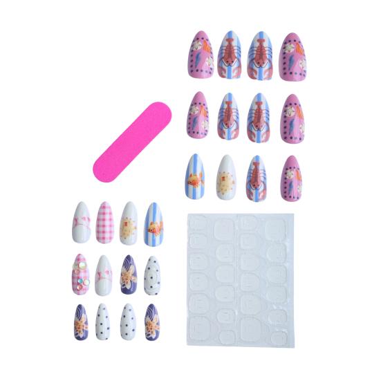 1 Set 3D Press On Nails Easy Removal Almond French Tip Stick-on Fake Nails Full Cover Glue On False Nails Women DIY Manicure Supplies