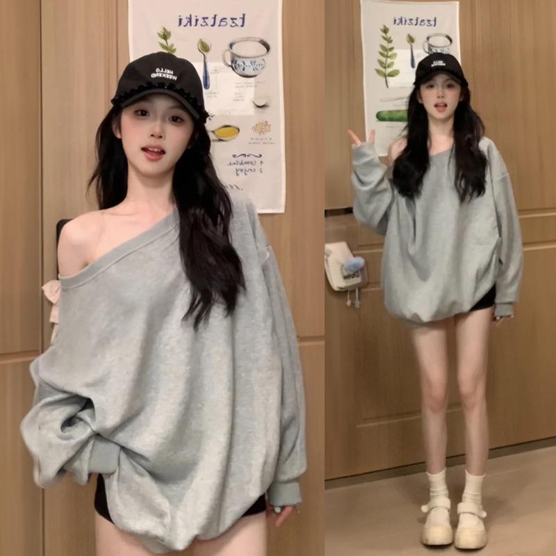 Women S Off Shoulder Loose Mid Length Hoodie Lazy Casual Top