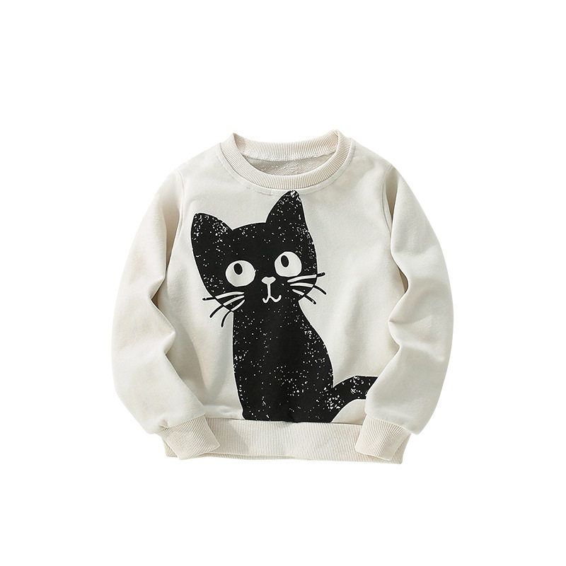 Girls' Off-White Cat Sweatshirt, Spring and Autumn 2025 New Style, Stylish Baby Girl Top, Autumn Clothing, Children's Pullover