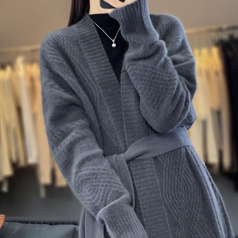 Women's 2023 Mid-Length Pure Wool Cardigan Coat - Loose, Thick Knit Sweater
