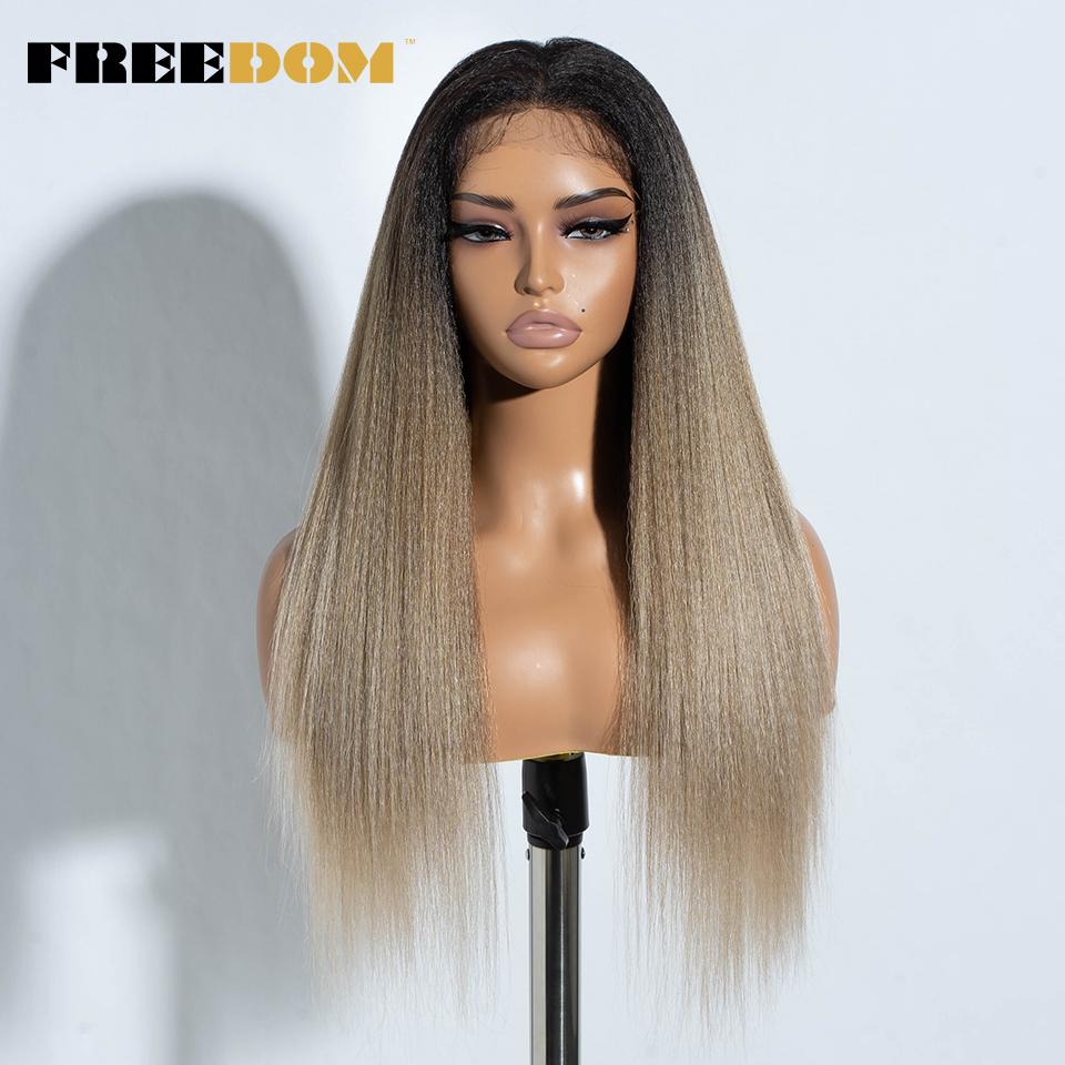 FREEDOM Yaki Straight Synthetische Lace Front Perücken für Damen 26" Ombre Braun Blond Spitze Perücke Hitzebeständig Ausverkauf Cosplay Perücke