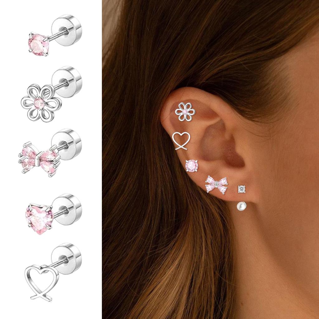 Cute Bowknot Butterfly Heart Flower Studs Surgical Steel Earrings Allergy Resistant for Sensitive Ears with Screw Back