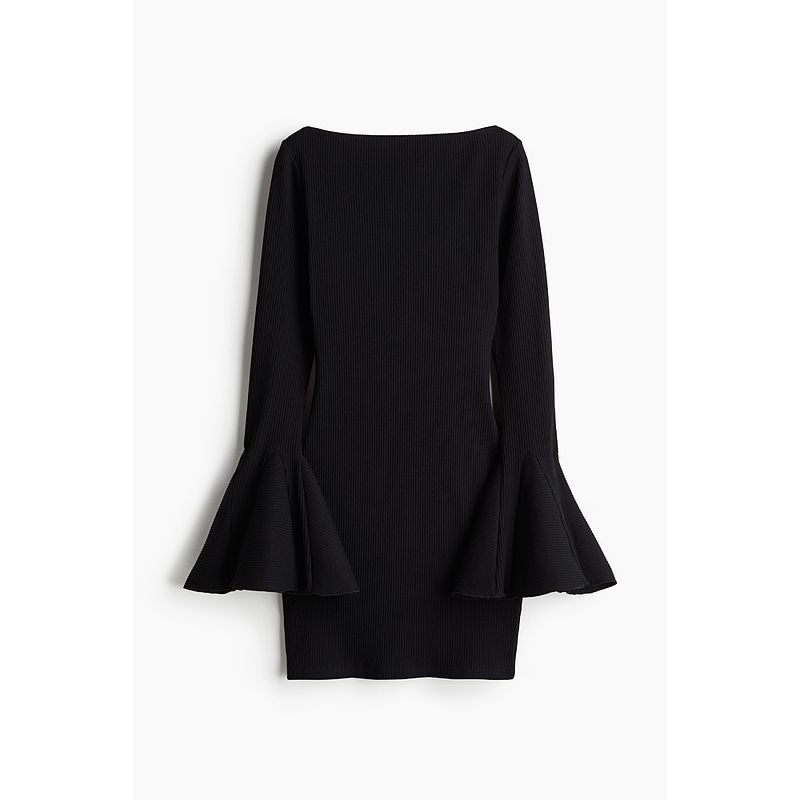 

HM Women s Clothing Dress 2025 Fall New Arrival Loose Bell Sleeve Rib Minimalist Plaid Short Skirt 1268201 Black 165/96