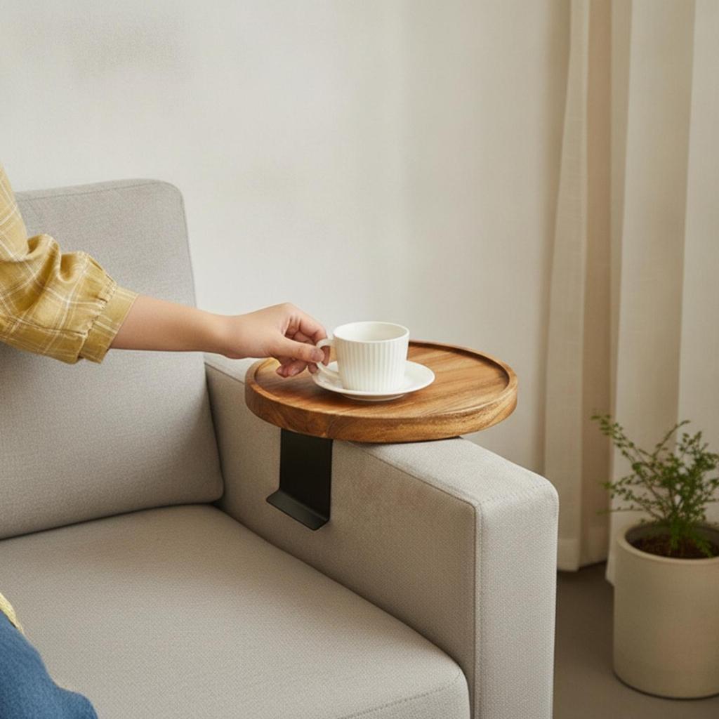 Sofa Armrest Tray Round Arm Movable Couch Table for Living Room, Small Apartment,