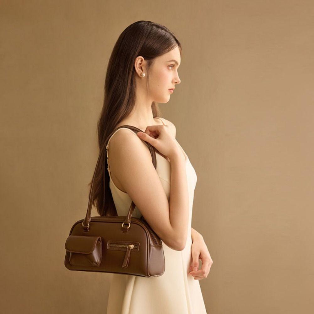 Temperament Korean Style Large-Capacity Bag Solid Color Handbag Retro Bag Minority Design French Style Zip Design Bag Outdoor