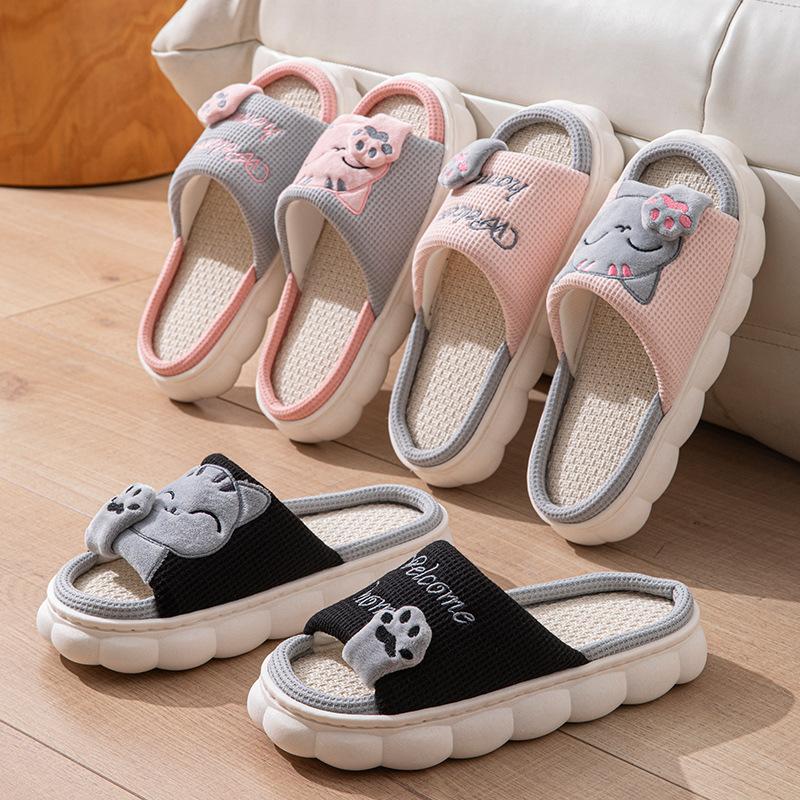 Linen Casual Slippers Women House Platform Cute Cartoon Cat Designer Shoes Girls Flat Elegant Footwear Indoor Large Size