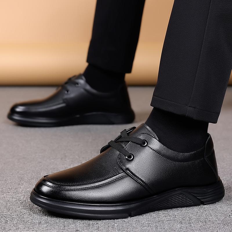 2024 Autumn New Men's Business Casual Leather Shoes Men's Soft Leather Soft Bottom Round Head Lace-up Single Shoes Cotton Leather Shoes 7709
