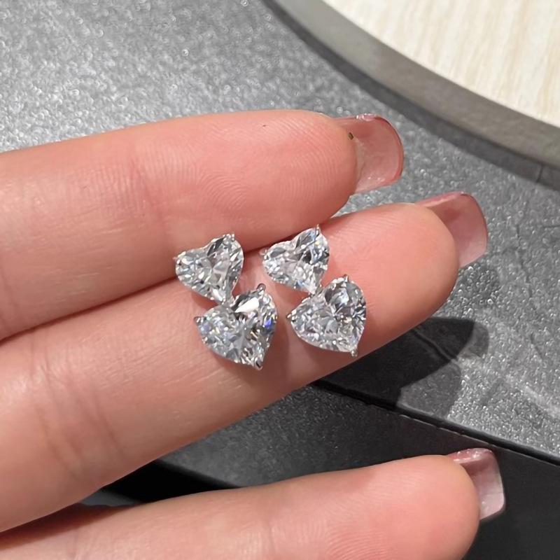Simple and sweet double love zircon stud earrings, niche daily versatile exquisite earrings, commuter fashionable earrings