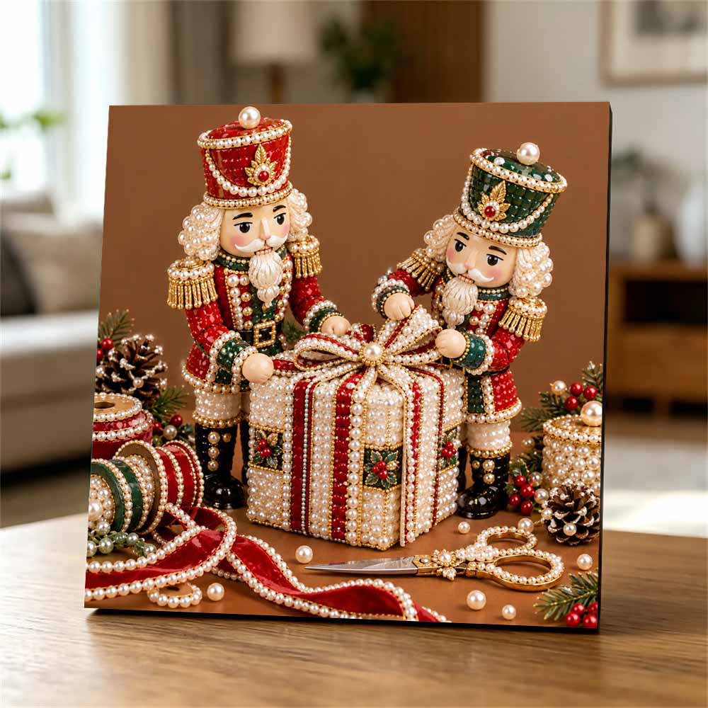 Handmade Framed Pearl Painting Set with Christmas Nutcracker Gift Design 5D Shiny Bead Art Canvas Creative Craft for Home Wall Decor