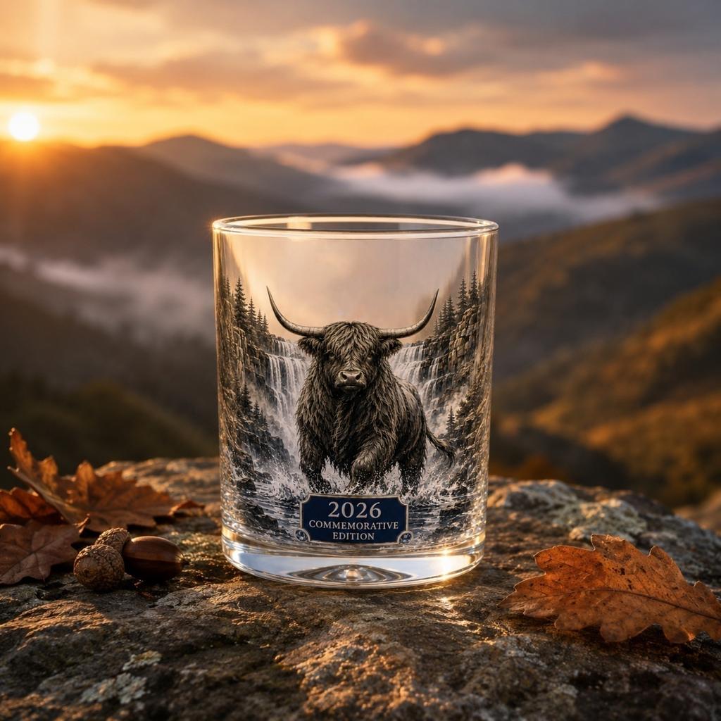 Highland Cattle Glass Whiskey Tumbler Commemorative Edition 2026 Durable Crystal Clear Glassware for Spirits and Cocktails