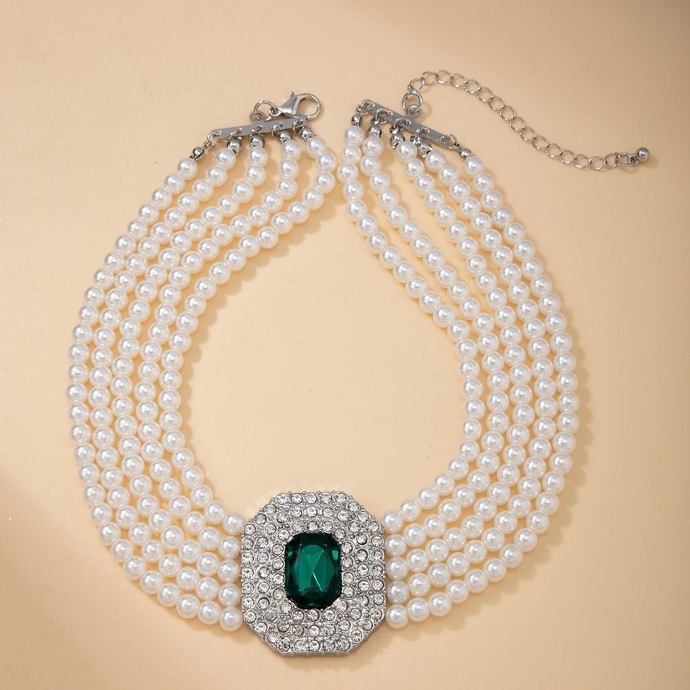 Charm Rhinestone Necklace Imitation Pearl Women Choker Vintage Pearl Multilayer Necklace  Party
