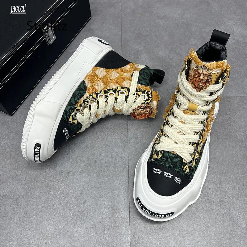 Fashion High-end canvas shoes for men breathable thick so high add mixed color lace-up casual shoes A6