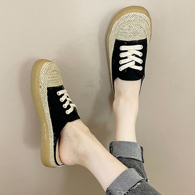 Baotou half slippers women's summer wear without heel strap leopard print fisherman shoes flat bottom half support single shoes straw cold slippers