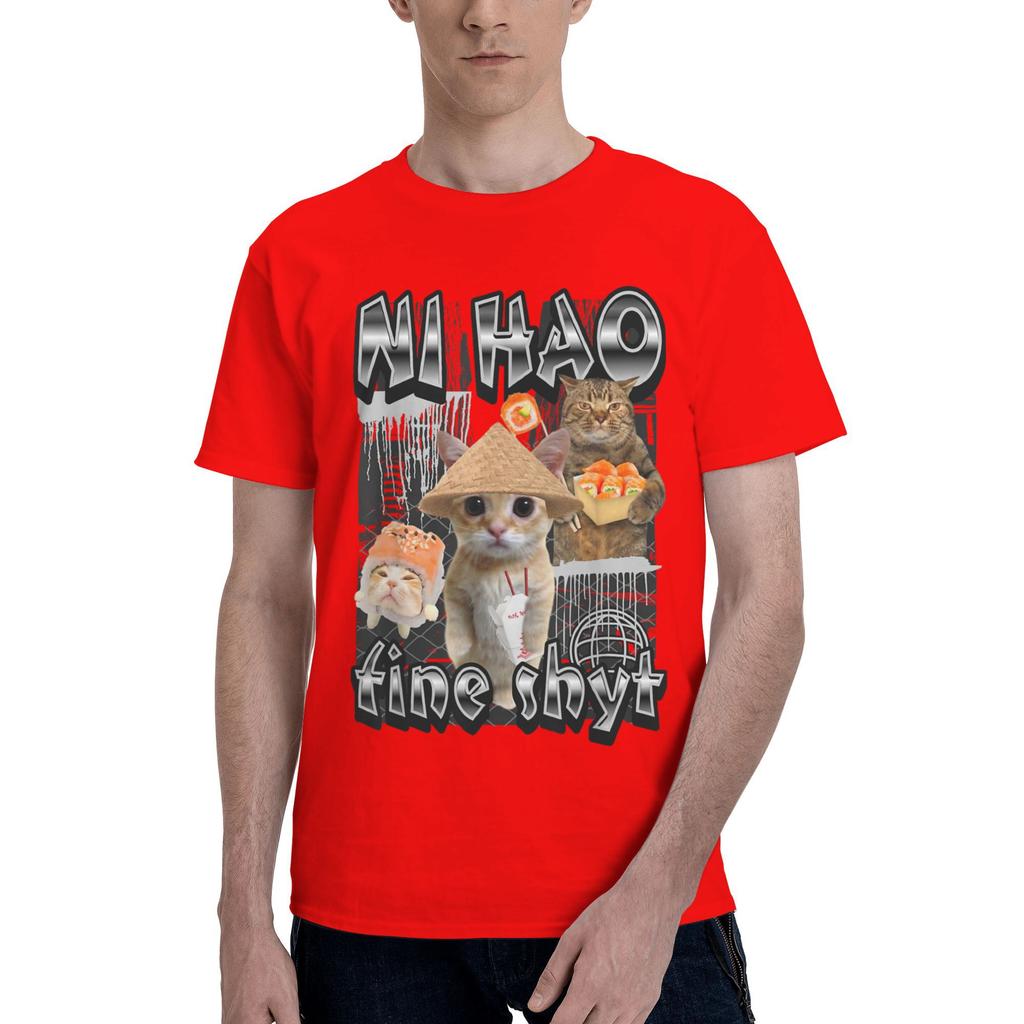 Ni Hao Fine Shyt Funny Brainrot Meme (2) Men's T Shirts  Vintage Tees Short Sleeve Crew Neck T-Shirt Pure Cotton Printed Tops