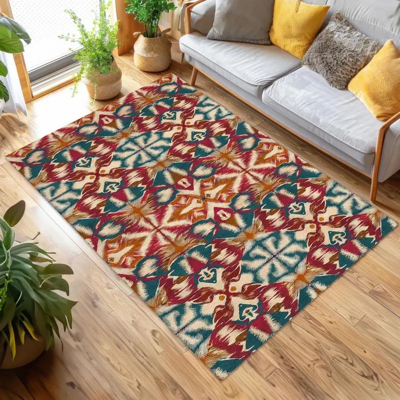 Vibrant Ikat Rug Living Room Rug Bohemian Carpet Colorful Carpet Rectangle Rug,Ethnic Area Rug Geometric Bold Rug Design Carpets