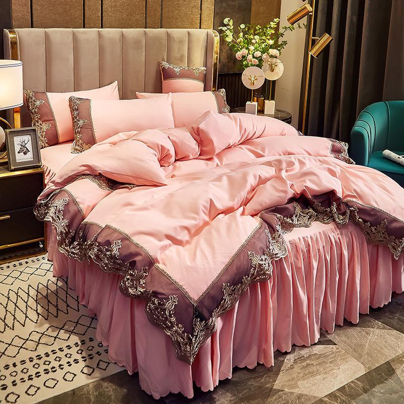 Light Luxury European Style Brushed Embroidered Lace Edge Bed Skirt Four-piece Set Solid Color Bedding