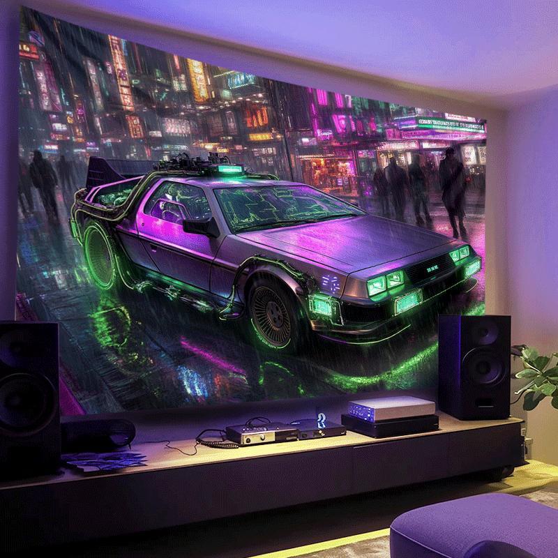 Wall Mounted Car Tapestries Banner Neon Rainy Night Cool Future Car Tapestries for Living Room Bedroom Dormitory Decoration