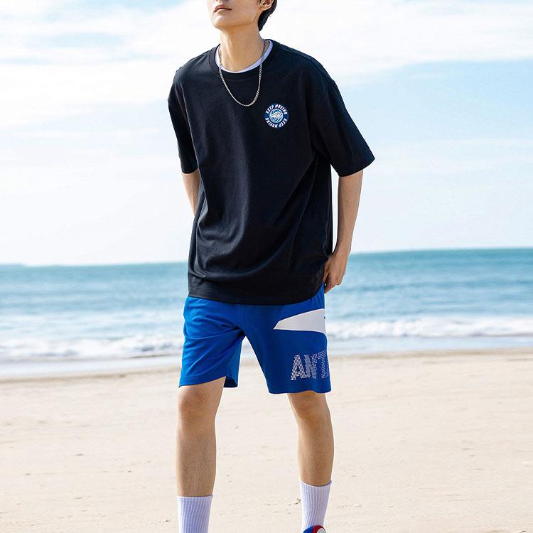 Anta Letter Pattern Printed Casual Sports Round Neck T-Shirt Unisex Tops Black 952228144-3