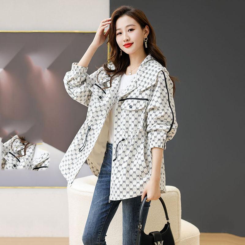 Women Loose Temperament Fashion Print Trench Coat Spring Autumn Korean Casual Hooded Windbreaker Female Outcoat