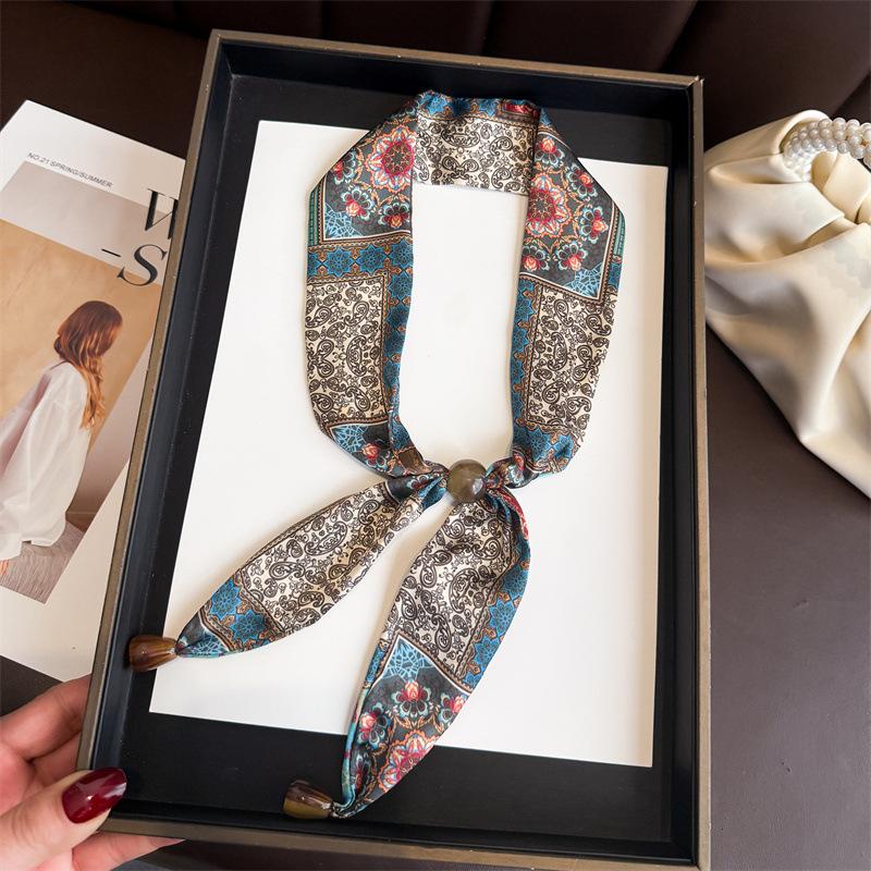 Professional Versatile Simulation Silk Printed Silk Scarf Double-layer Beaded Premium Sense Neck Protection Commuter Strip Decorative Scarf Scarf