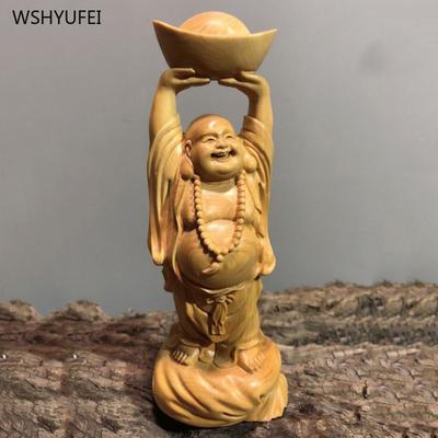 Klippen-Zypressenholz Ruyi Maitreya Buddha Statue Ornament Wohnzimmer Heimdekoration Skulptur Handwerk Feng Shui Segen
