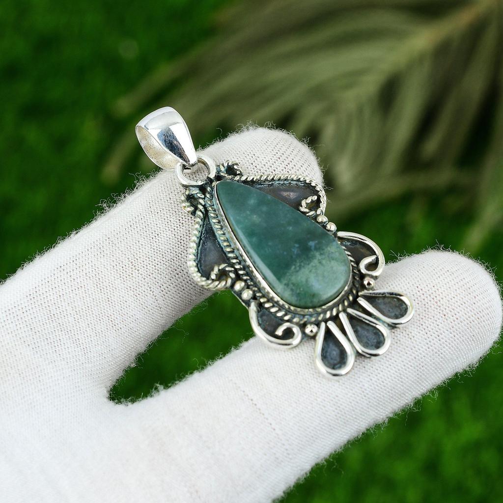 Pear Solar Moss Agate Stone Bezel Boho Mother Wedding Pendant Sterling Silver
