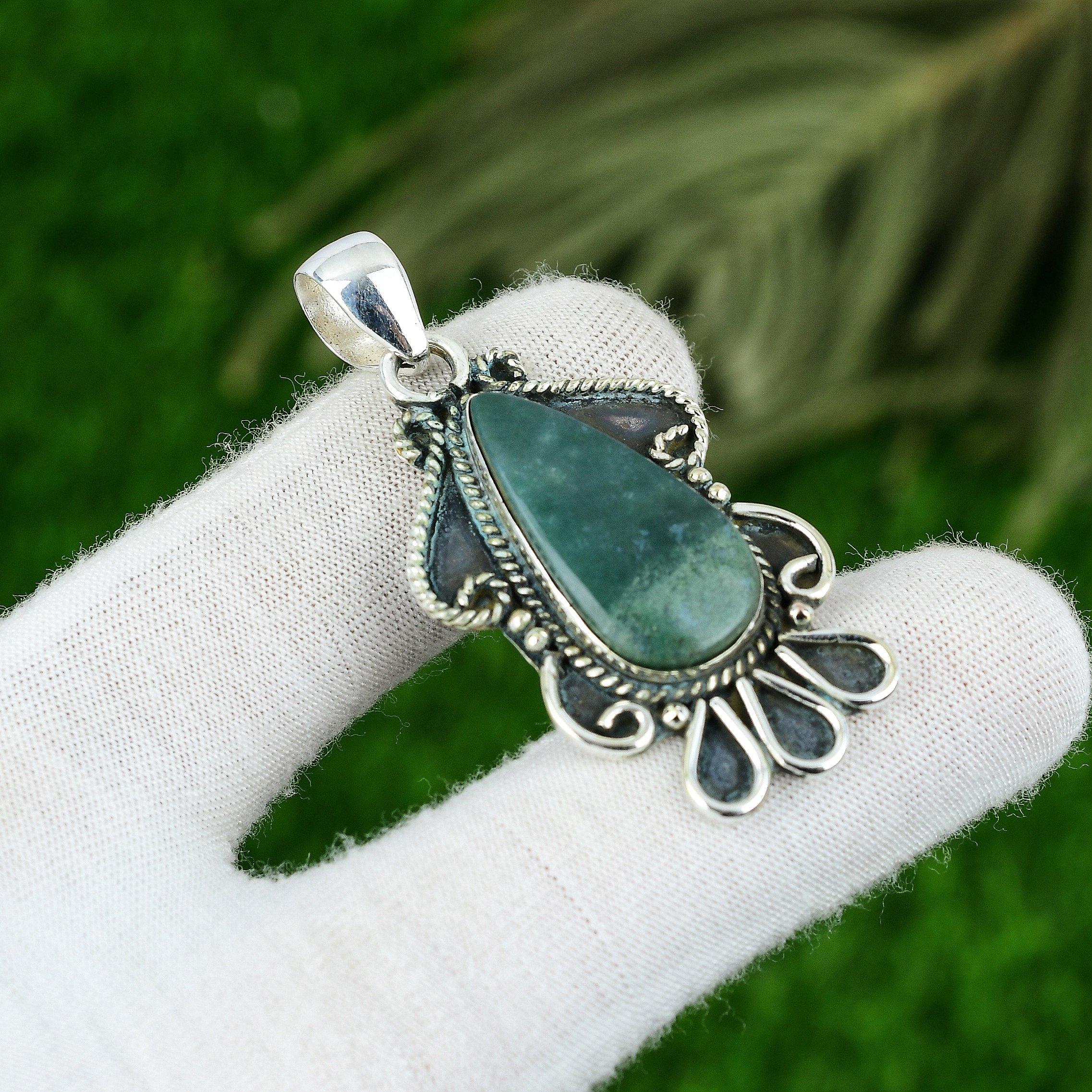 

Pear Solar Moss Agate Stone Bezel Boho Mother Wedding Pendant Sterling Silver