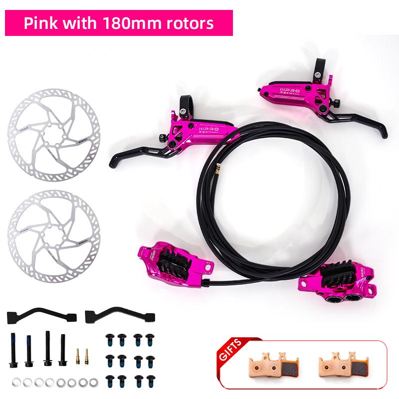 

IIIPRO R3X4 4-Piston Hydraulic Disc Brake, High-Strength Oil Brake Kit for Mountain Bike,Mtb AM XC Riding Upgrade Braking System Pink with rotors