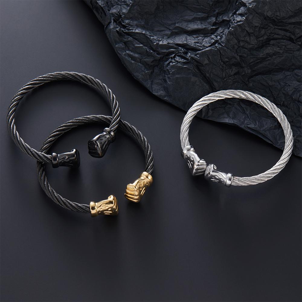 Boxing Glove Black Cable Bangle Gold Plated Stainless Steel Open Cuff Bracelet Men's Punk Fashion Jewelry