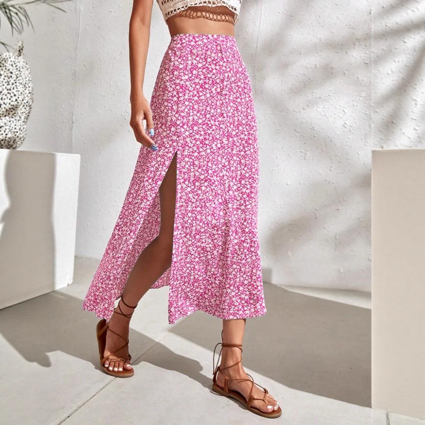 Spring-Summer Women's Floral Elastic Waist Slit Midi Skirt