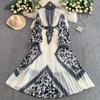 Retro temperament printed stand-up collar lantern sleeve dress women's summer new waist thin pleated pendulum long skirt