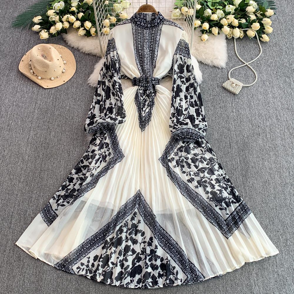 Retro temperament printed stand-up collar lantern sleeve dress women's summer new waist thin pleated pendulum long skirt