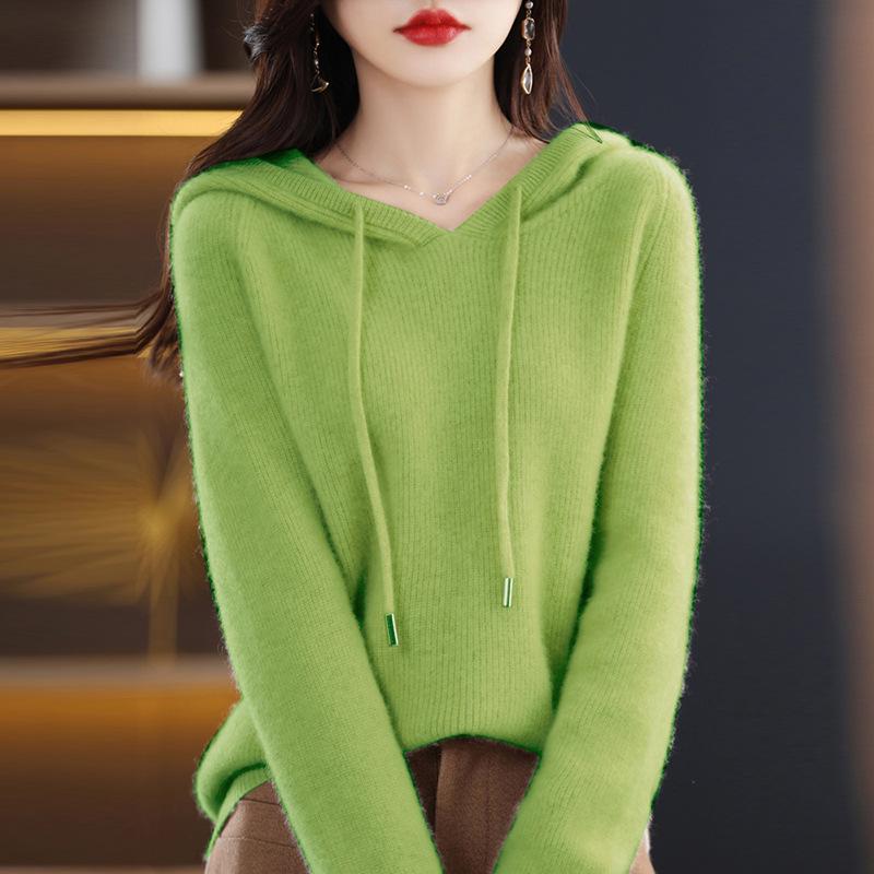 Women's 100% Wool Hooded Sweater - New Autumn/Winter Cashmere Knit Base Layer Hoodie