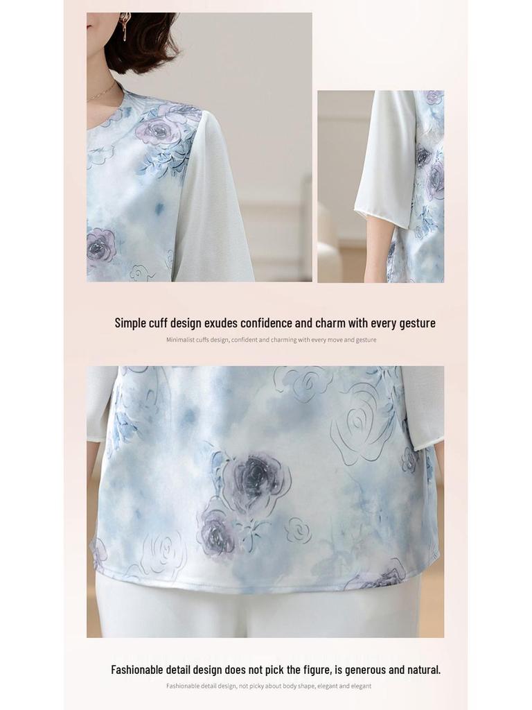 Women's Summer Chiffon Blouse: New Chinese Style, National Influence T-Shirt for Middle-Aged & Elderly with Seven Sleeves.