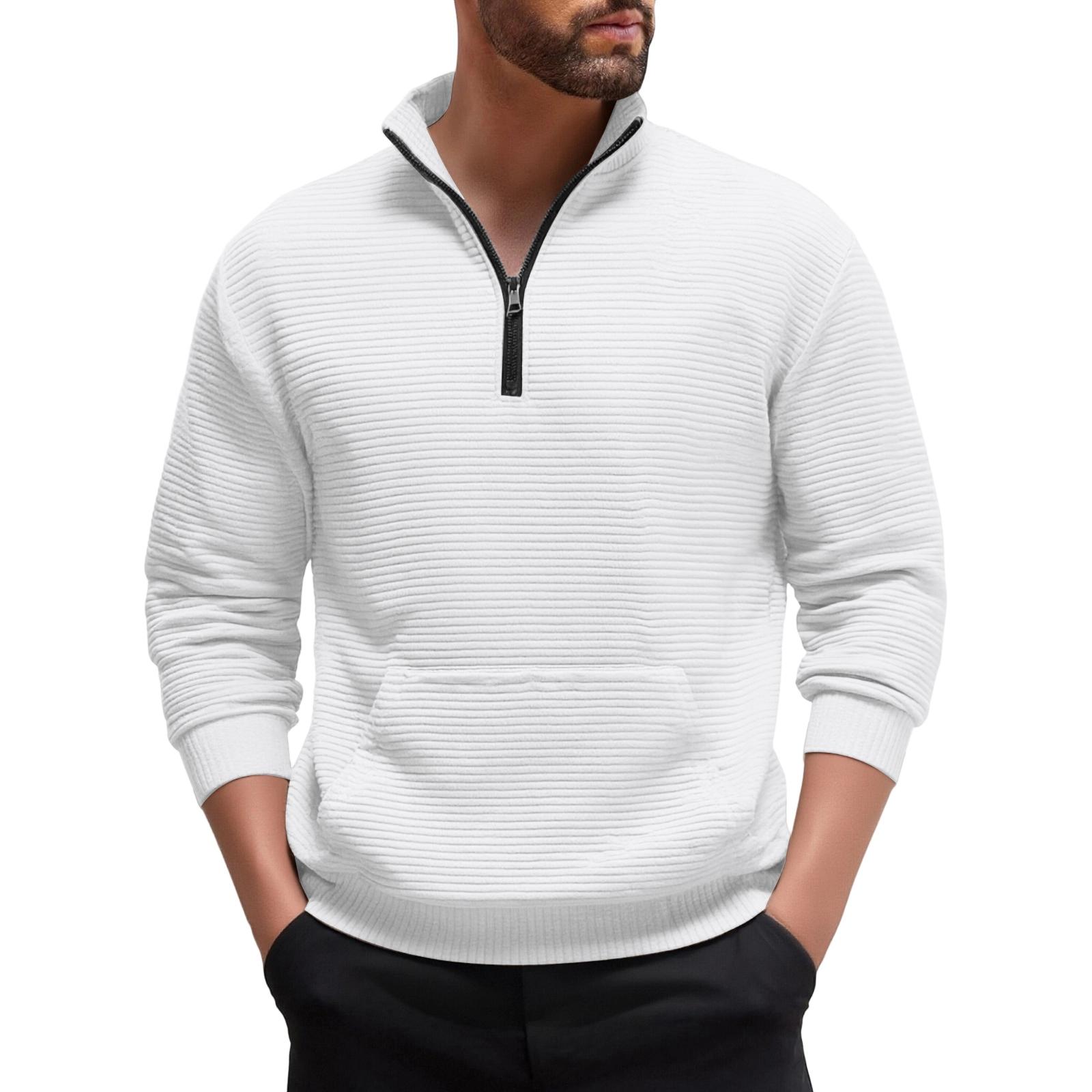 

Мужская повседневная спортивная толстовка с длинным рукавом и утолщением, мужской топ с воротником-стойкой на полумолнии, полосатой текстуры XL белый