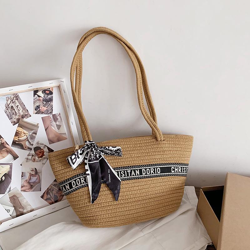 Large Capacity Crossbody Portable Shoulder Bag Silk Scarf Design Vegetable Basket Woven Tote Women's Bag