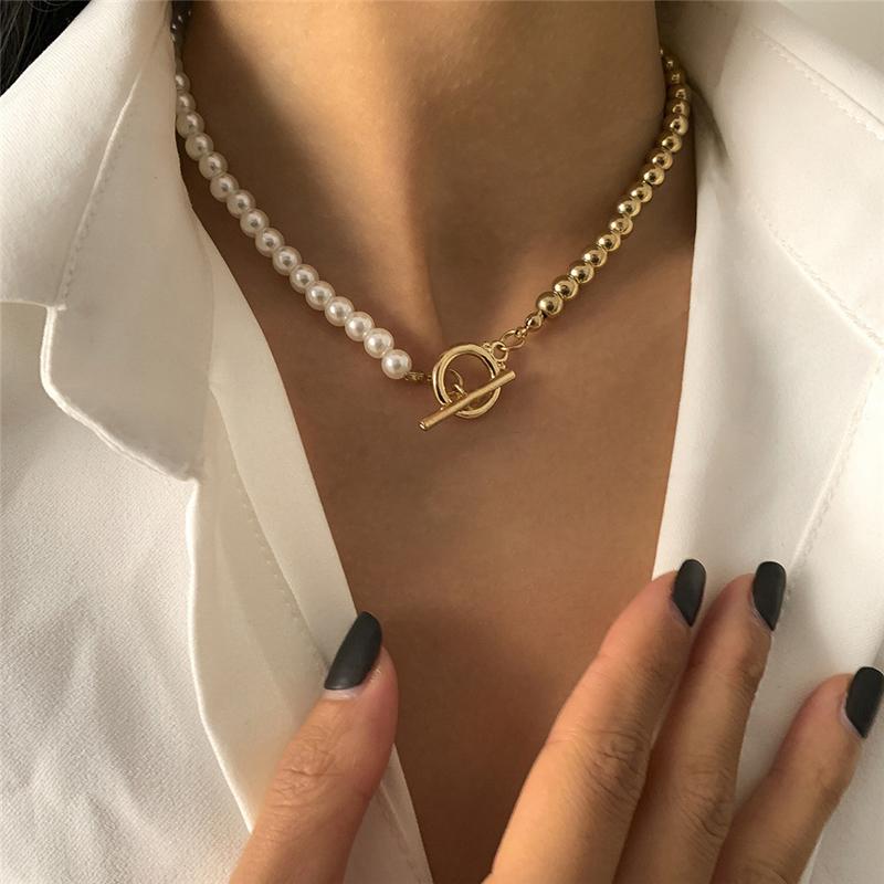 Minimalism Gold Bead Imitation Pearl Splicing OT Buckle Necklace for Women Collision Clavicle Chain Jewelry