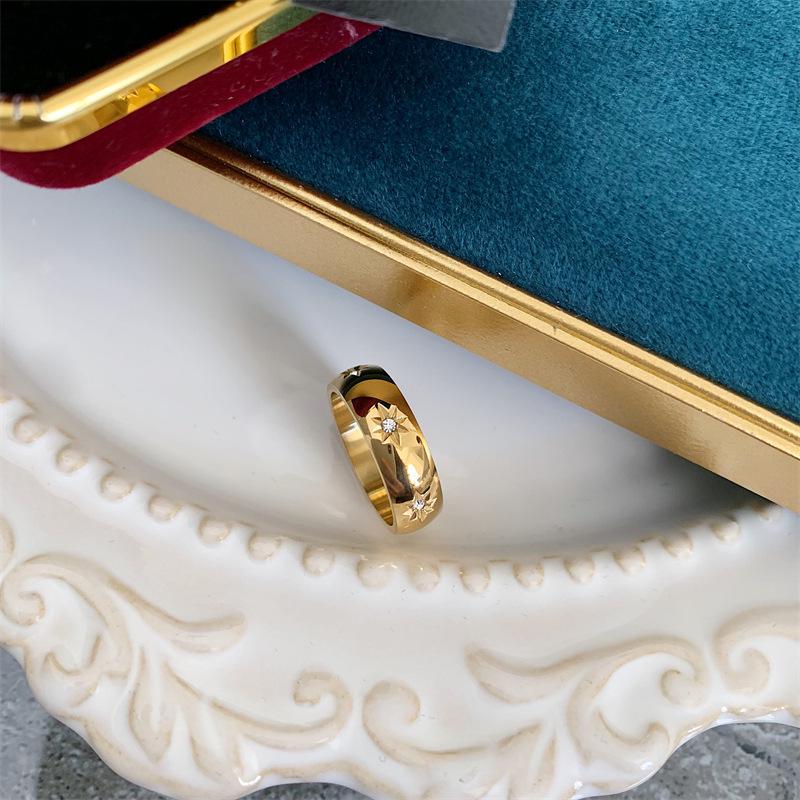 Gold-Plated Titanium Steel Ring with Diamonds and Eight-Pointed Star Design